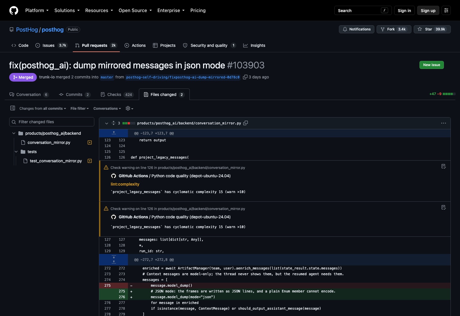 GitHub pull request 103903, files changed: the one-line change from message.model_dump() to message.model_dump(mode=json)