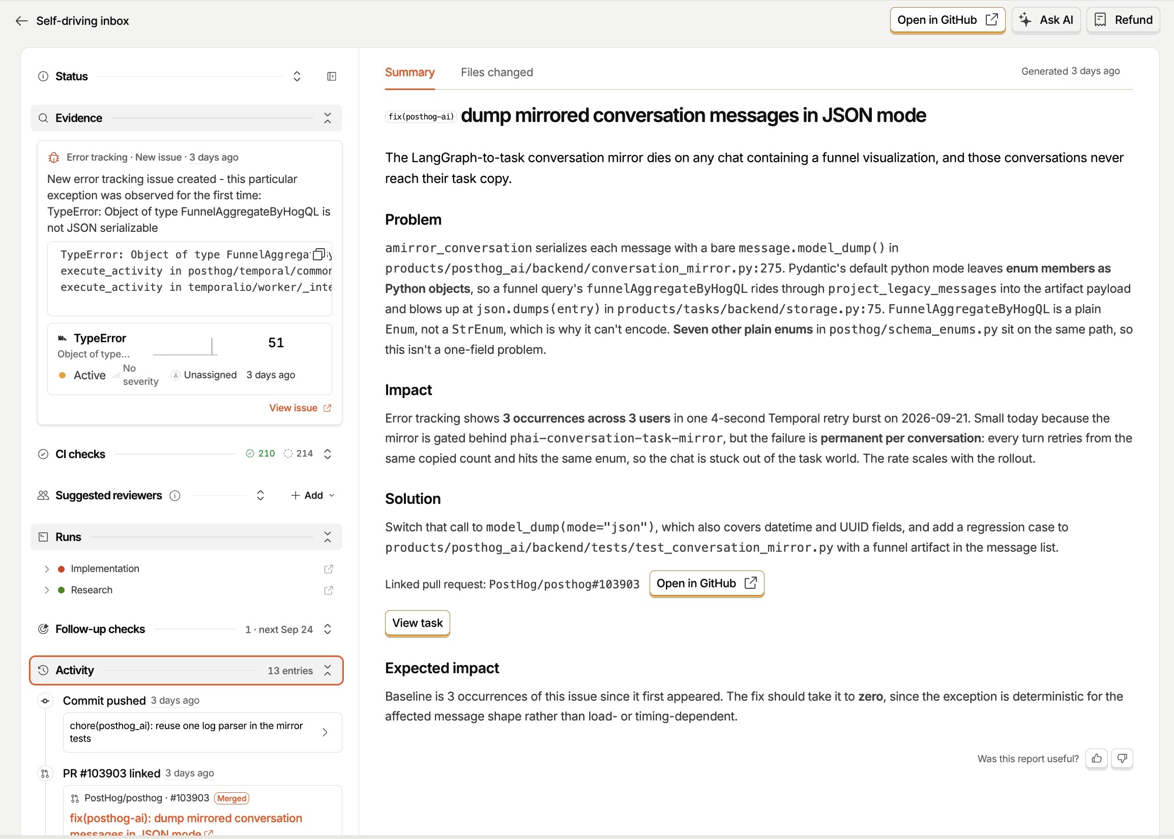 The self-driving report page: evidence, CI checks, runs, follow-up checks and activity on the left, the written report on the right