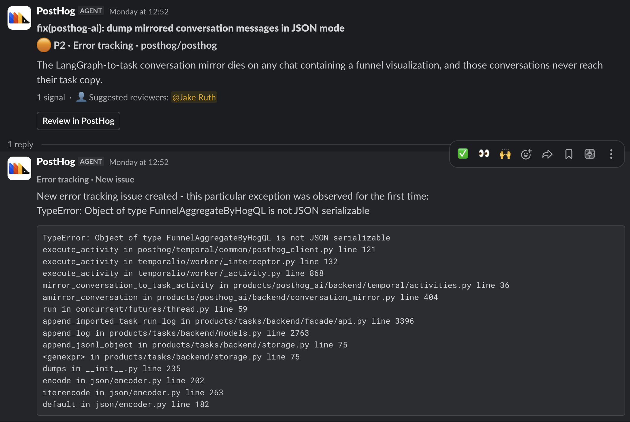 Slack message from the PostHog agent: a P2 error tracking report with a linked pull request, suggesting Jake Ruth as reviewer